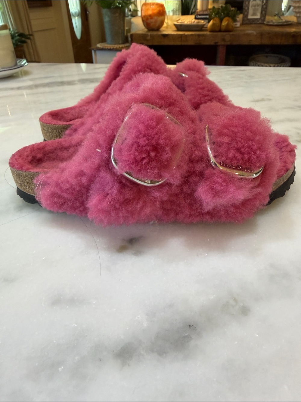 Birkenstock Kids Pink Fuzzy Double-Buckle Slide Sandals